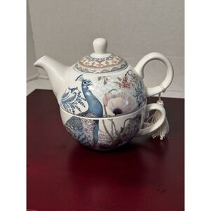 Delton Products Peacock Porcelain Tea for One Set  5.8"  White Blue